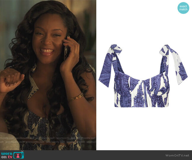 Johanna Ortiz Macondo cropped printed organic cotton top worn by Angela Vaughn (Yaya DaCosta) on Our Kind of People