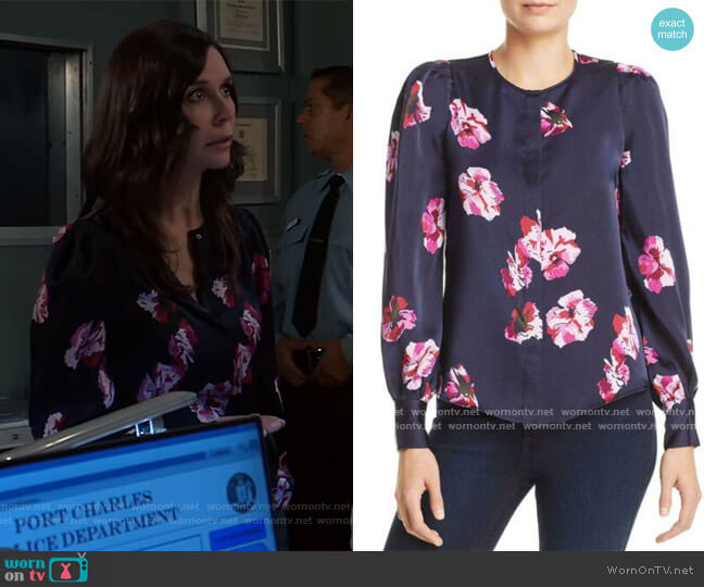 Joie Antonela Floral Satin Blouse worn by Anna Devane (Finola Hughes) on General Hospital