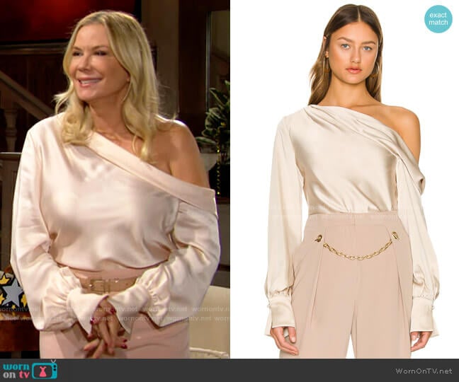 Jonathan Simkhai Alice One Shoulder Top in Champagne worn by Brooke Logan (Katherine Kelly Lang) on The Bold and the Beautiful