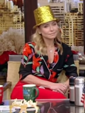 Kelly’s floral shirt and red skirt on Live with Kelly and Ryan