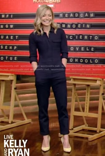 Kelly’s navy utility jumpsuit on Live with Kelly and Ryan