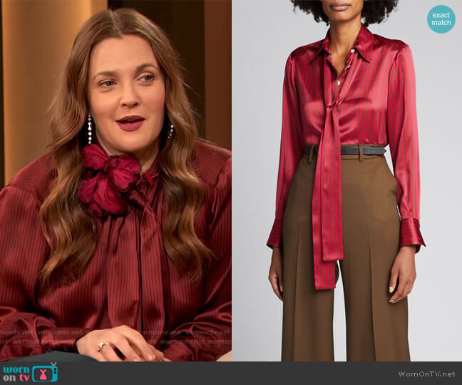 Kiton Striped Scarf-Neck Silk Blouse worn by Drew Barrymore on The Drew Barrymore Show