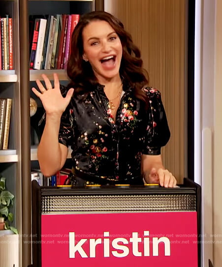 Kristin Davis’ black floral puff sleeve dress on The Drew Barrymore Show