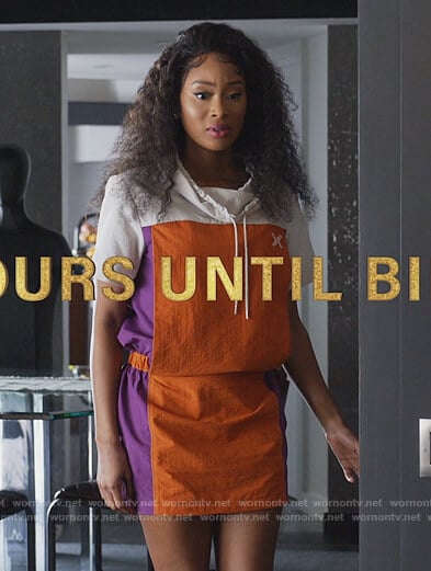 Lauren’s orange colorblock mini dress on Queens