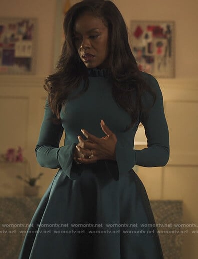 Leah’s blue knitted a-line dress on Our Kind of People