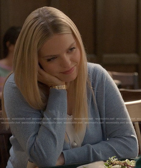 Leighton’s blue cardigan with pearl buttons on The Sex Lives of College Girls