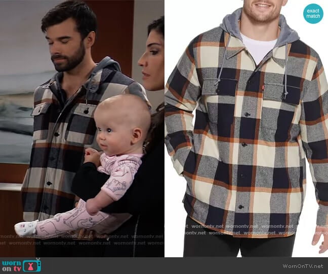 Levis Plaid Sherpa-Lined Hooded Shirt Jacket worn by Harrison Chase (Josh Swickard) on General Hospital