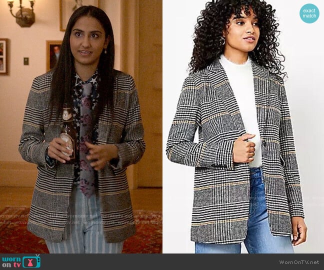 Loft Plaid Modern Blazer worn by Bela Malhotra (Amrit Kaur) on The Sex Lives of College Girls