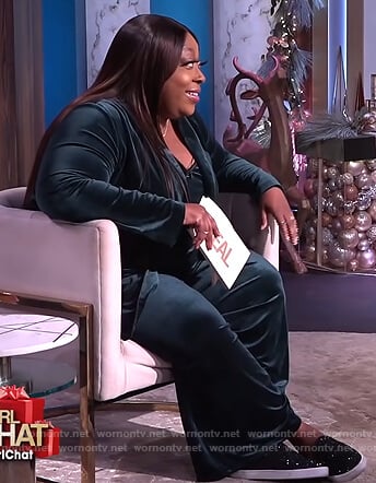 Loni’s green velvet jacket and pants on The Real