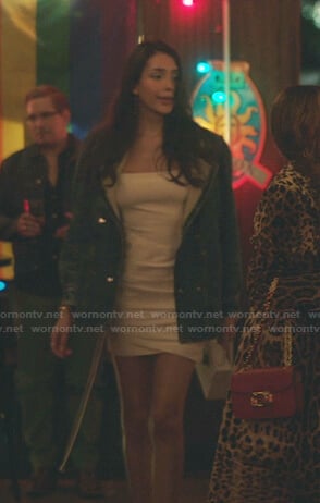 Luna’s white ruched mini dress and denim jacket on Gossip Girl