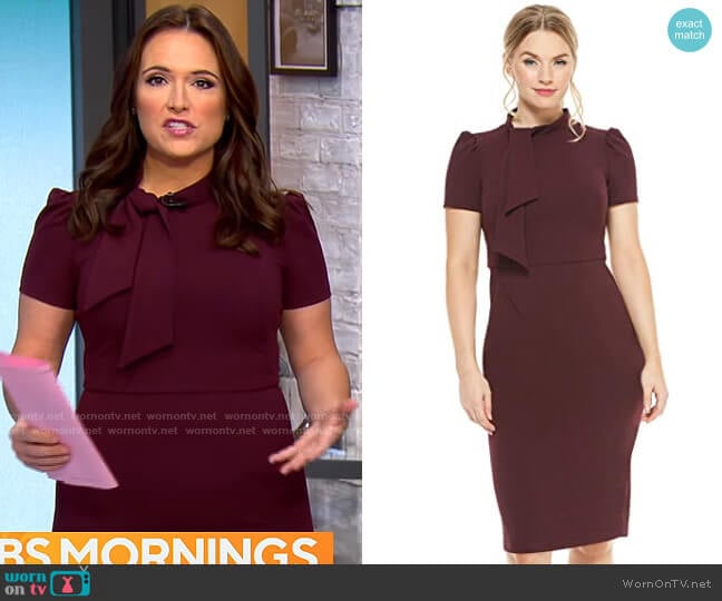 Maggy London Short Sleeve Sheath with Neck Tie in Wine worn by Nikki Battiste on CBS Mornings