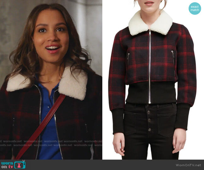 Maje Bloppane Plaid Wool Blend Bomber Jacket with Faux Fur Collar worn by May Grant (Corinne Massiah) on 9-1-1