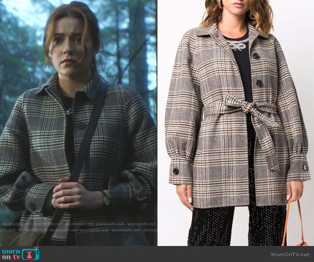 Maje Galicome Plaid Belted Coat worn by Nancy Drew (Kennedy McMann) on Nancy Drew