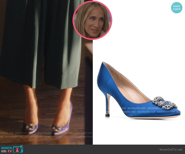 Manolo Blahnik Hangisi 105 Embellished Satin Pumps worn by Carrie Bradshaw (Sarah Jessica Parker) on And Just Like That