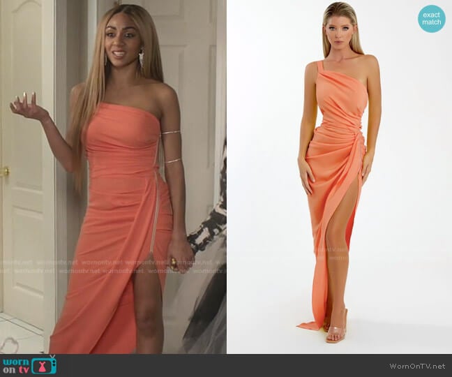 Mario Pucci 7069 One Shoulder Gown in Orange worn by Patience (Chelsea Tavares) on All American