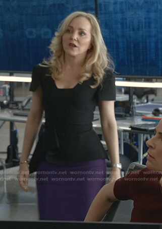 Marissa’s black peplum top and purple pencil skirt on Bull
