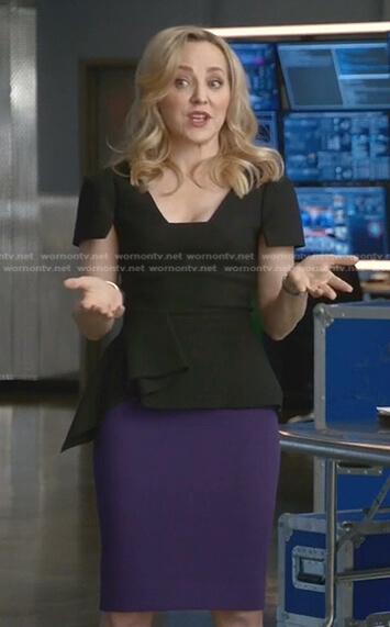 Marissa’s black peplum top and purple pencil skirt on Bull