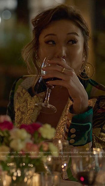 Mindy’s mixed print metallic blazer on Emily in Paris
