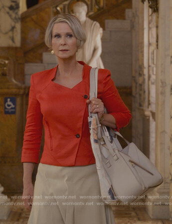 Miranda’s pleated skirt and blazer on And Just Like That