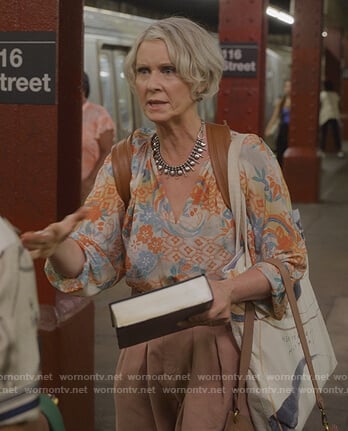 Miranda’s floral tie neck blouse on And Just Like That