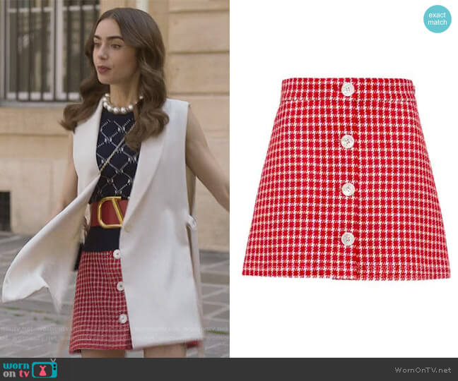 Miu Miu Tweed Buttoned Mini Skirt worn by Emily Cooper (Lily Collins) on Emily in Paris