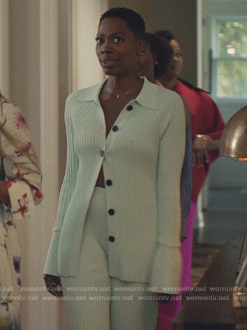 Molly’s ribbed light blue cardigan on Insecure