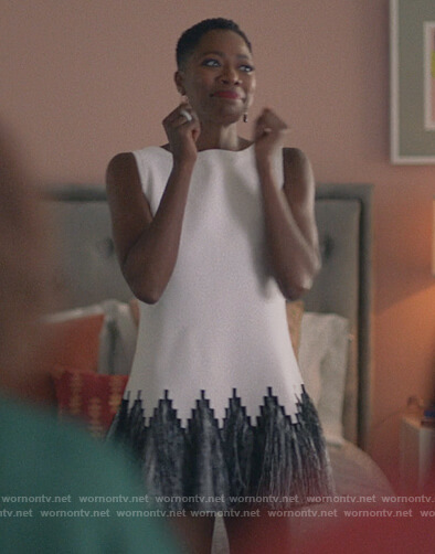 Molly’s white sleeveless fringe dress on Insecure