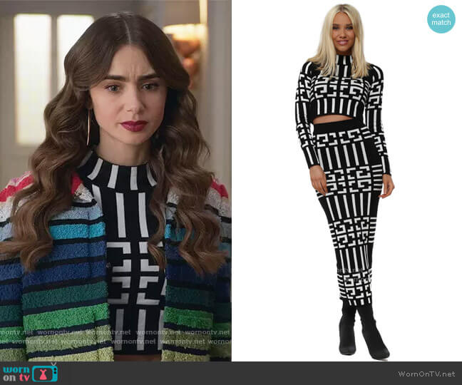Moocci Black and White Printed Top worn by Emily Cooper (Lily Collins) on Emily in Paris