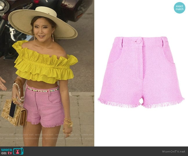 MSGM Fringed-edge Tweed Shorts worn by Mindy Chen (Ashley Park) on Emily in Paris