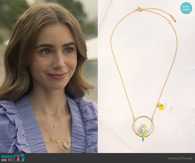 Olivolga Blue Budgerigar Necklace worn by Emily Cooper (Lily Collins) on Emily in Paris