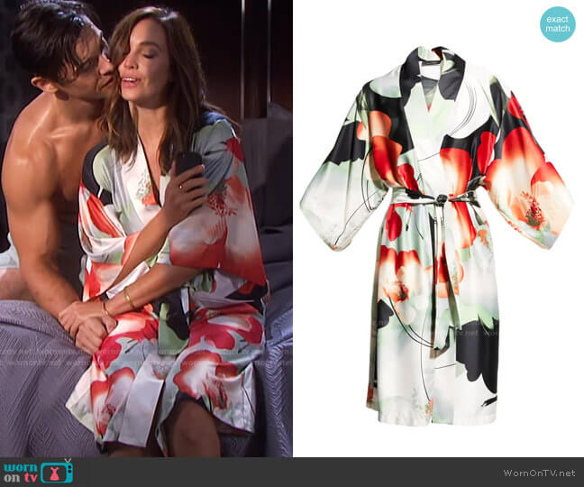 Natori Exotic Poppy Floral-Print Satin Robe worn by Gwen Rizczech (Emily O'Brien) on Days of our Lives