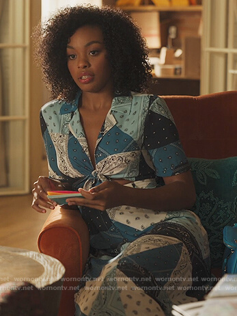 Nikki’s blue bandana print cutouts dress on Our Kind of People