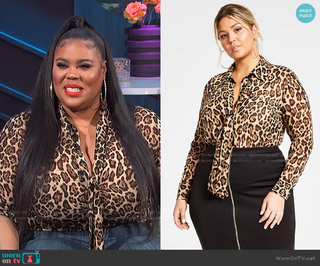 Nina Parker Trendy Plus Size Animal-Print Chiffon Tie-Neck Bodysuit worn by Nina Parker on E! News