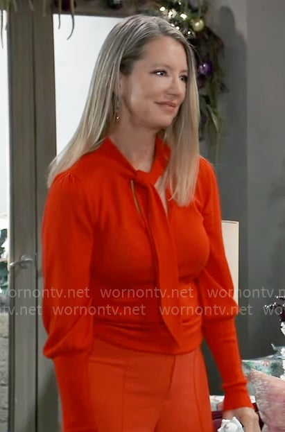 Nina’s red tie neck sweater on General Hospital