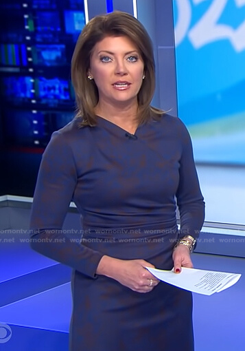 Norah’s blue printed gathered dress on CBS Evening News