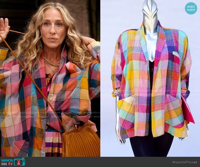 Norma Kamali Vintage Madras Colorblock Blazer worn by Carrie Bradshaw (Sarah Jessica Parker) on And Just Like That