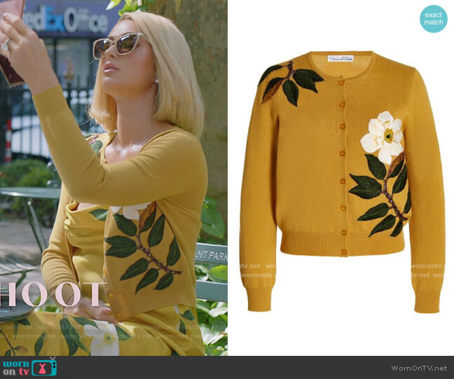 Oscar de la Renta Magnolia & Leaves Threadwork Cardigan worn by Paris Hilton on Paris in Love