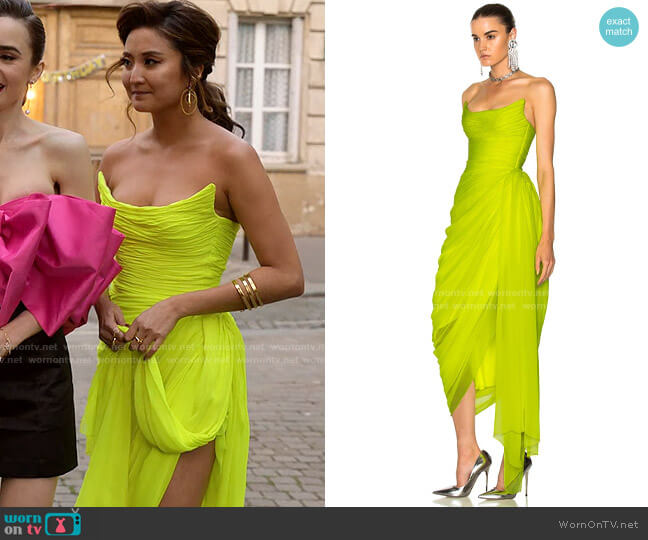 Oscar de la Renta Draped Strapless Gown in Citrine worn by Mindy Chen (Ashley Park) on Emily in Paris