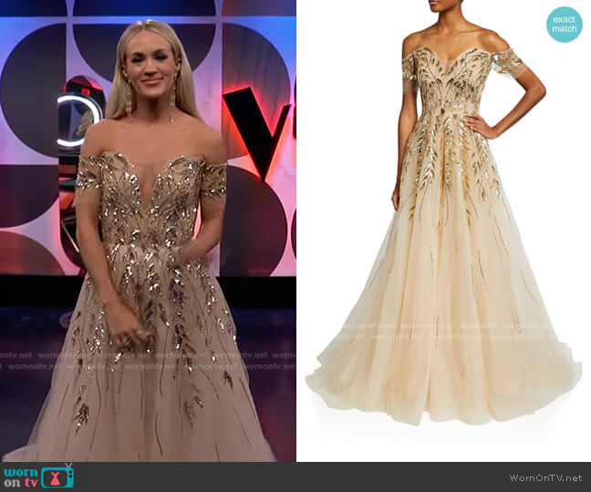 Pamella Roland Sequin-Embellished Off-The-Shoulder Tulle Gown