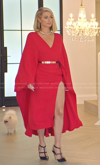 Paris’s red v-neck cape dress on Paris in Love