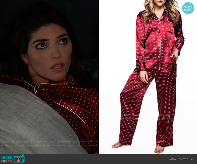Petite Plume Bordeaux Polka Dots Silk Pajama Set worn by Brook Lynn Quartermaine (Amanda Setton) on General Hospital