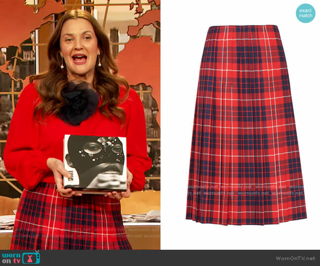 Prada Plaid Pleated Skirt worn by Drew Barrymore on The Drew Barrymore Show