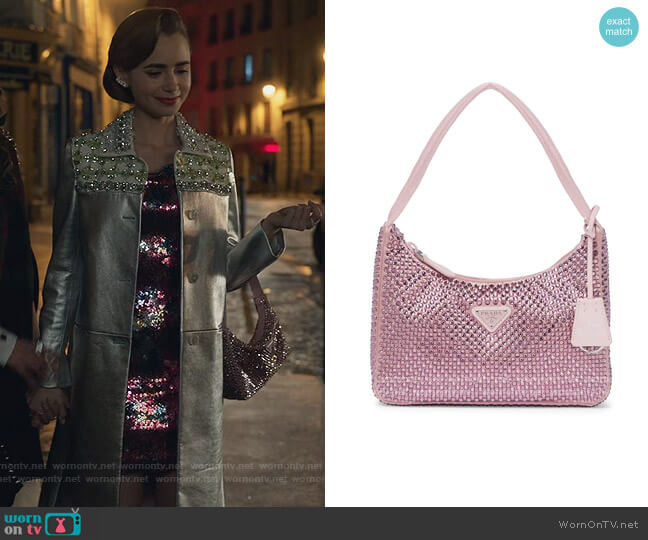 Prada Re-Edition 2000 embellished shoulder bag worn by Emily Cooper (Lily Collins) on Emily in Paris