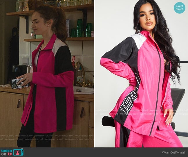Pretty Little Thing Nylon 1997 Oversized Sports Jacket worn by Emily Cooper (Lily Collins) on Emily in Paris
