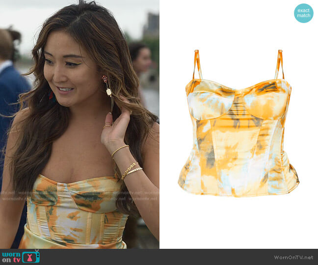 Pretty Little Thing Tie Dye Structured Corset Top in Pastel Orange worn by Mindy Chen (Ashley Park) on Emily in Paris