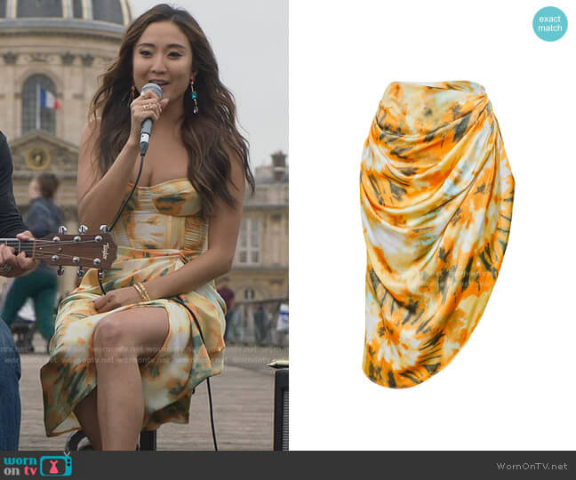 Pretty Little Thing Tie Dye Ruched Side Skirt in Pastel Orange worn by Mindy Chen (Ashley Park) on Emily in Paris