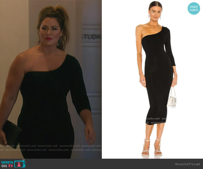 Re Ona 3/4 Sleeve One Shoulder Dress worn by Emily Simpson on The Real Housewives of Orange County