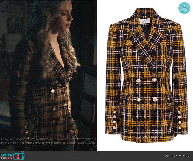Rebecca Vallance Chateau double-breasted checked jacquard blazer worn by Betty Cooper (Lili Reinhart) on Riverdale
