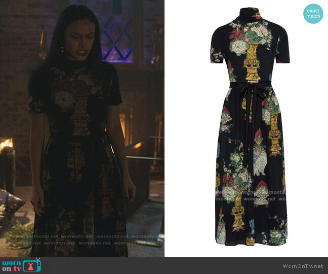 Red Valentino Belted printed silk crepe de chine turtleneck midi dress worn by Veronica Lodge (Camila Mendes) on Riverdale