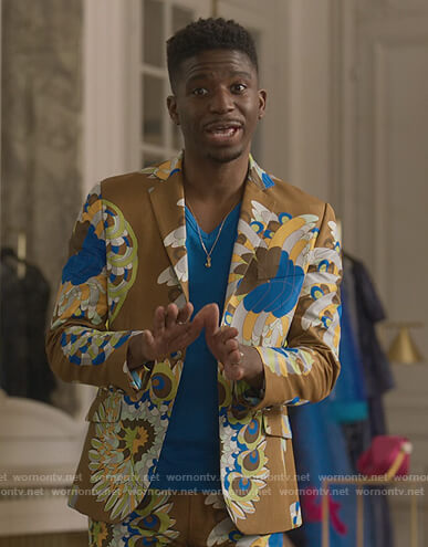 Julien’s brown floral print blazer and pants on Emily in Paris